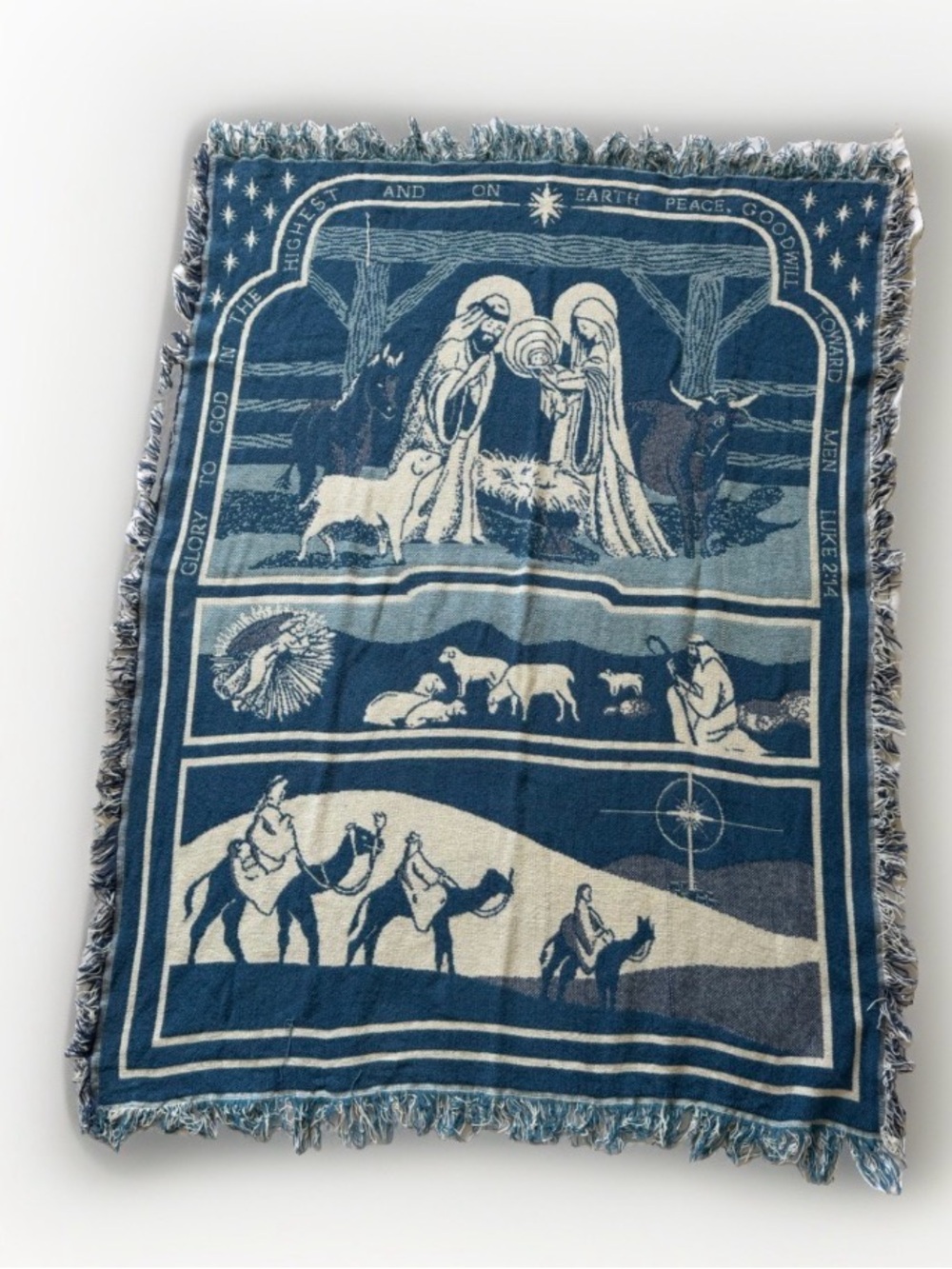 Vintage 90s Crown Crafts Nativity Woven Tapestry Throw Blanket Christmas Holiday